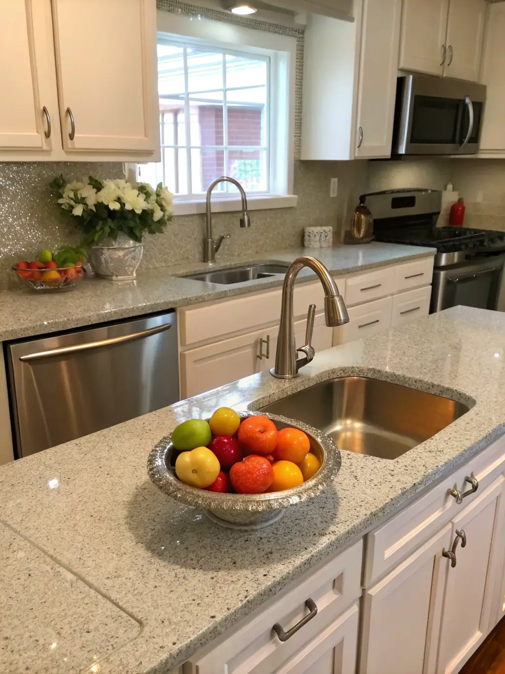 A close-up shot of a sparkling clean kitchen counter, highlighting the attention to detail in Wedom Services Nettoyage's cleaning process.