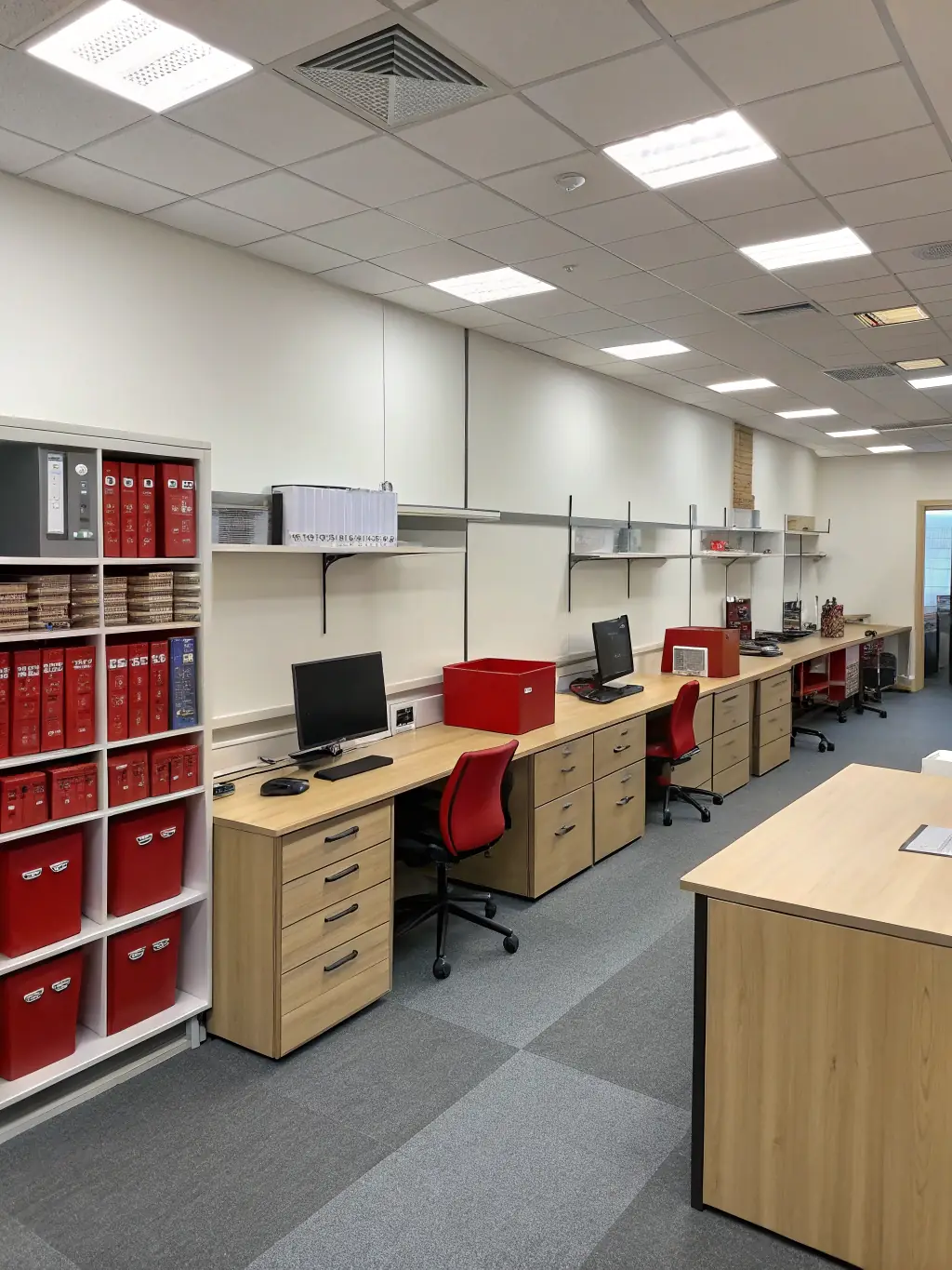 A modern, clean office space with desks neatly organized, computers sparkling, and a welcoming reception area, representing commercial cleaning services.