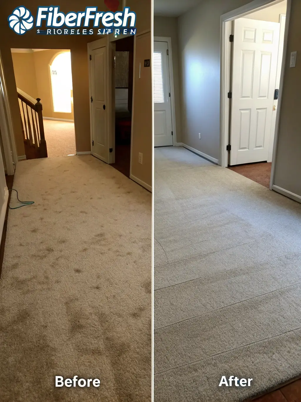 A before-and-after shot of a heavily soiled carpet being deep cleaned, showing the dramatic transformation and effectiveness of the service.
